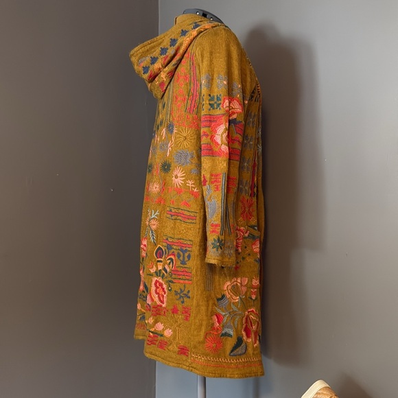 Johnny Was Biya S Heavily Embroidered Mustard Long Floral Knit Hoodie Cotton Mix - Picture 5 of 13
